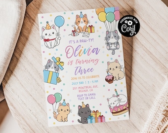 May include: A colorful invitation with a white background and a paw print design. The invitation says "It's a Paw-ty! Olivia is turning Three." It includes the date, time, and location of the party. The invitation is decorated with cute cartoon cats.