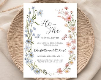 Wildflower Gender Reveal Invitation Wildflower Baby Shower He or She Gender Reveal Invite Spring Floral Invite Gender Reveal Annoucement