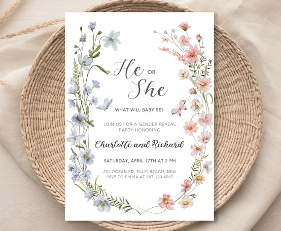 Wildflower Gender Reveal Invitation Wildflower Baby Shower He or She Gender Reveal Invite Spring Floral Invite Gender Reveal Annoucement