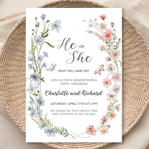 Wildflower Gender Reveal Invitation Wildflower Baby Shower He or She Gender Reveal Invite Spring Floral Invite Gender Reveal Annoucement