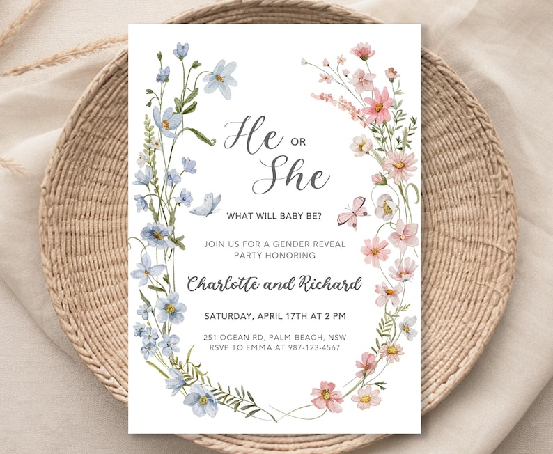 Wildflower Gender Reveal Invitation, Spring Floral Design (Digital Download) image 1