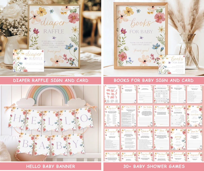 Wildflower Baby Shower Bundle Editable Wild Flower Baby Shower Set Girl Floral Boho Baby Shower Suite Baby In Bloom Bundle Package WF4 image 6
