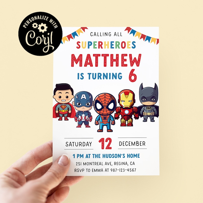 Editable Superheroes Birthday Invitation Template Printable Birthday Party Invitation Kids Party Invite Template Superhero Bday Card sh1 image 1