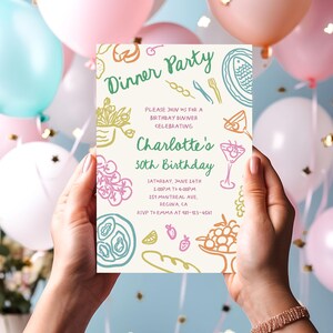 May include: A white invitation card with colorful illustrations of food and drinks. The text on the card reads "Dinner Party" and "Charlotte's 30th Birthday". The invitation includes the date, time, and location of the party, as well as an RSVP contact.