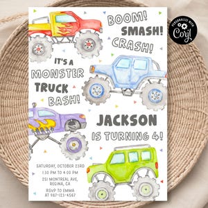 Invitation d'anniversaire modifiable de Monster Trucks, invitation de fête de course, anniversaire de garçon, grande roue pour enfants, invitation de Monster Truck, invitation de Monster Truck