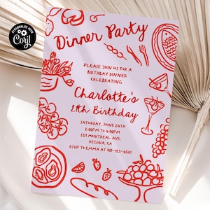 Chic Birthday Hand Drawn Invite Retro Invitation Whimsical Birthday Adult Birthday Dinner Party Invitation Pink Birthday Retro Birthday