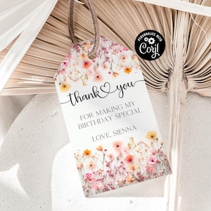 Editable Wildflower First Birthday Gift Tag Wild Flower 1st Birthday Thank You Tag Colorful Girl Floral Birthday Little Wildflower W5