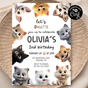 Invito di compleanno per gatti modificabile Invito per gattini stampabile Invito digitale Inviti per animali domestici Modello per bambini modificabile Scheda Download immediato