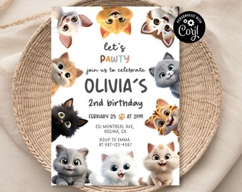 Invito di compleanno per gatti modificabile, invito per gattini stampabile, invito digitale, inviti per animali domestici, modello per bambini modificabile, biglietto da scaricare immediatamente