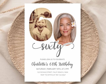 Plantilla de invitación para 60 cumpleaños, con foto para hombre o mujer, ¡Mira quién cumple 60 años! Tarjeta editable e imprimible, descarga digital.