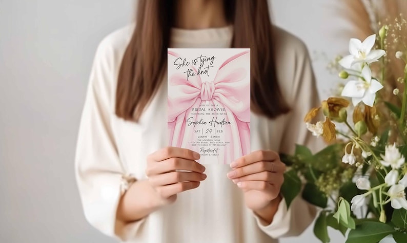 K&ouml;nnte beinhalten: Eine rosa Brautparty-Einladung mit einem Aquarell-Schleifendesign. Die Einladung enth&auml;lt den Text "She is tying the knot" und Details zur Veranstaltung, einschlie&szlig;lich des Namens "Sophie Hudson" und des Datums.