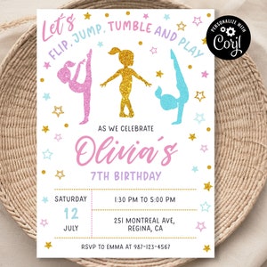 Plantilla de invitación de cumpleaños de gimnasia, fiesta de gimnastas editable (descarga digital)