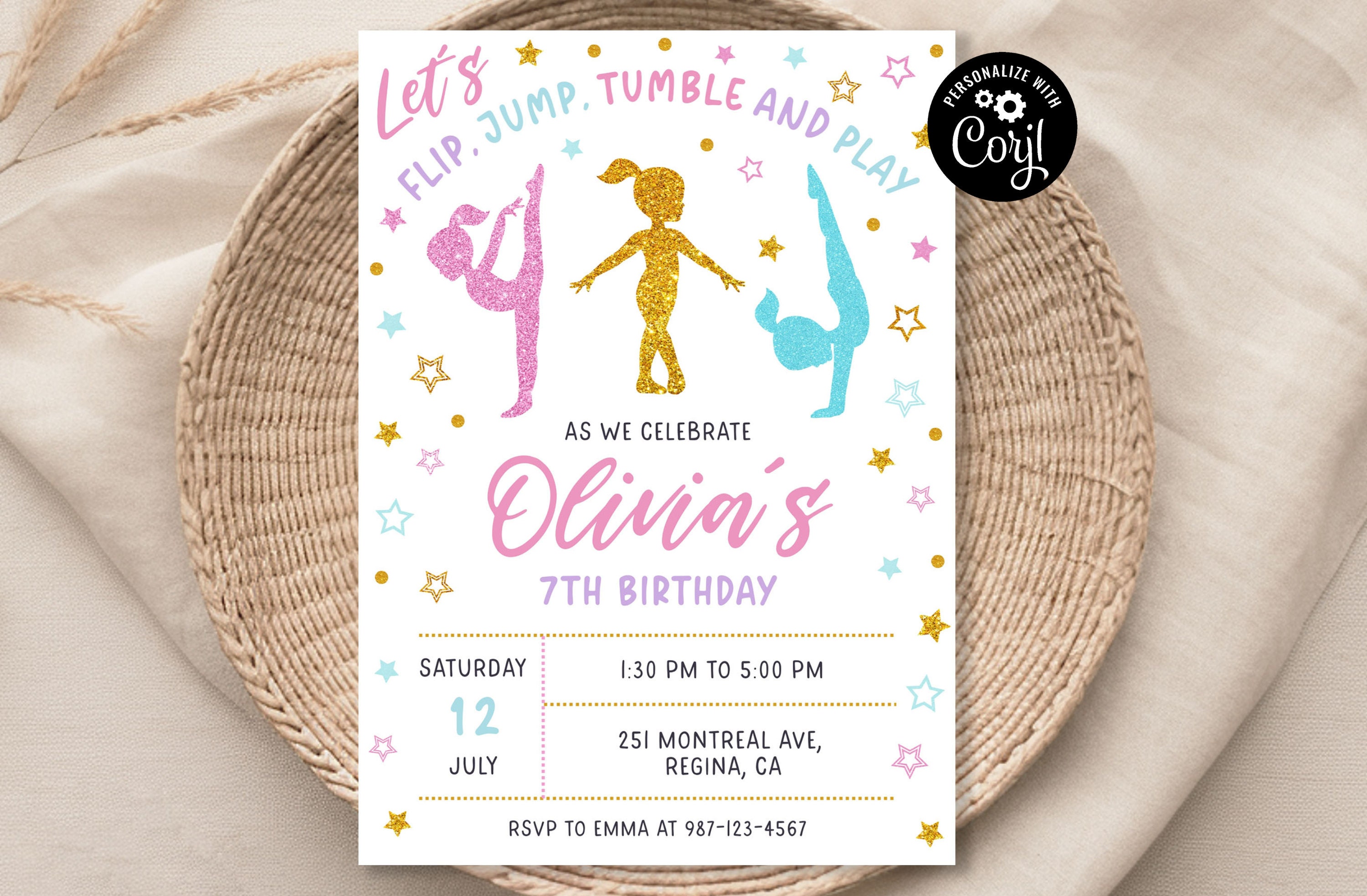 Editable Gymnastics Birthday Invitation Gymnastics Party Invitation Template Girl Gymnast Birthday Invite Instant Download Gymnast Invite G1