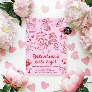 May include: Pink invitation with red text for a Galentine's Girls Night. The invitation features a drawing of two hands clinking glasses of champagne. The text reads "Join us for a Galentine's Girls Night, 14th of February at 1:00 PM, The Cupid Bar, 251 Montreal Ave, Regina, CA, RSVP to Emma at 937-123-4567."