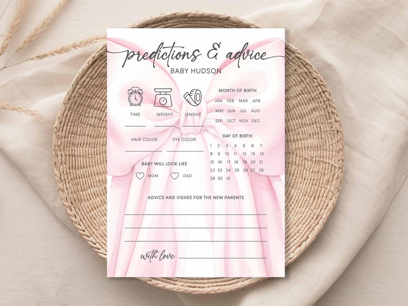 May include: A pink baby shower game card with the text "predictions & advice" and "Baby Hudson". The card includes sections for time, weight, length, hair color, eye color, and baby's appearance. It also has a section for advice and wishes.