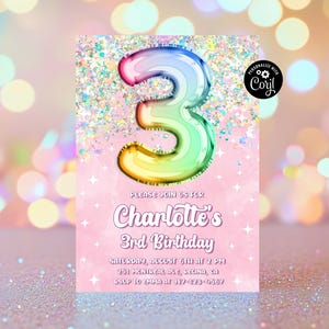 Editable Pink 3rd Birthday Invitation Template Glitter Birthday Party Invite Rainbow Foil Girl Third Birthday 3 Year Old Girl Party Invite