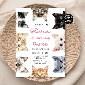 Invito di compleanno per gatti modificabile Modello di invito per feste Purrfect Kitty Cat Are You Kitten Me Right Meow Baby Pink Girl Invite Cat Party C8