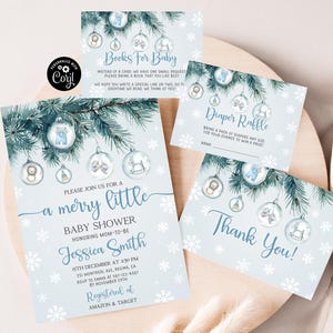 Blue Christmas Baby Shower Bundle Merry Little Baby Shower Invitation Set Winter Baby Shower Set Boy Baby Shower Holiday Shower Winter Set