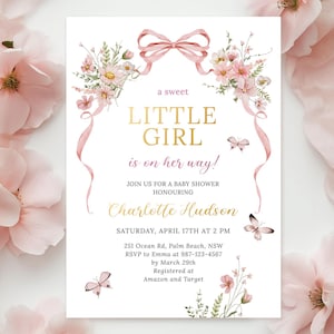 Pink Bow Baby Shower Invitation Template Bow Girl Baby Shower Invite Sweet Little Girl Floral Ribbon Baby Shower Floral Bow Baby Bloom FB1