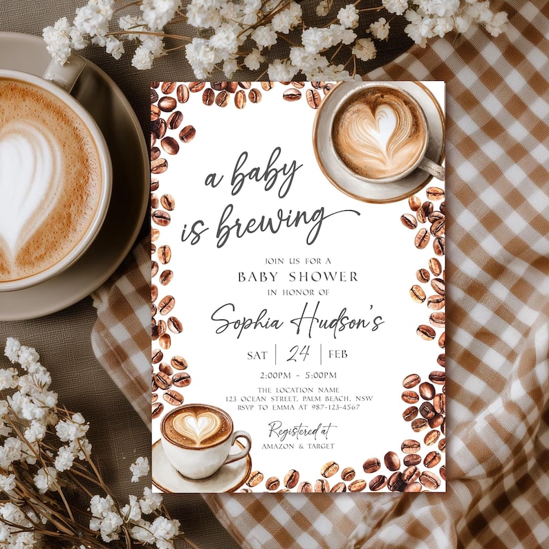 Baby Is Brewing Shower Invitation, Coffee Latte Theme (Editable Canva Template, Instant Download) image 1