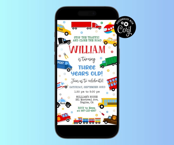 Editable Transportation Mobile Invitation Honk Beep Choo Choo Train Truck Birthday Party Transport Birthday Invite Truck Cars Birthday TR3