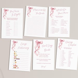 Puede incluir: Un conjunto de diez tarjetas de juego de despedida de soltera imprimibles con lazos rosas. Los juegos incluyen "El precio es correcto", "Recuerdos de la novia", "Qu&eacute; hay en tu tel&eacute;fono", "Pictionary Emoji", "No digas novia" y "Parejas Disney".