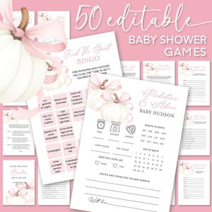 Fall Baby Shower Games Bundle, Pink Bow Pumpkin Party Game Pack (Editable Download) P30