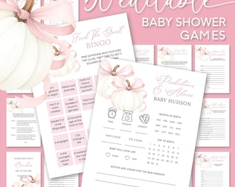 Fall Baby Shower Games Bundle, Pink Bow Pumpkin Party Game Pack (Editable Download) P30
