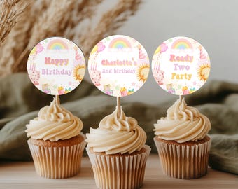 Girl 2nd Birthday Cupcake Toppers, Editable Party Decor (Digital Download)