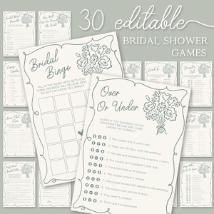 May include: A set of 30 printable bridal shower games with a floral theme. The games include "Bridal Bingo", "Over or Under", "Name That Tune", "Drink If", "Honey Do", "Price is Right", and "Guess Who Said It".