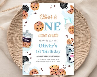 May include: A blue and white birthday invitation with a watercolor illustration of cookies, milk, and a jar of cookies. The text on the invitation reads "Oliver is ONE sweet cookie" and "Oliver's 1st Birthday".