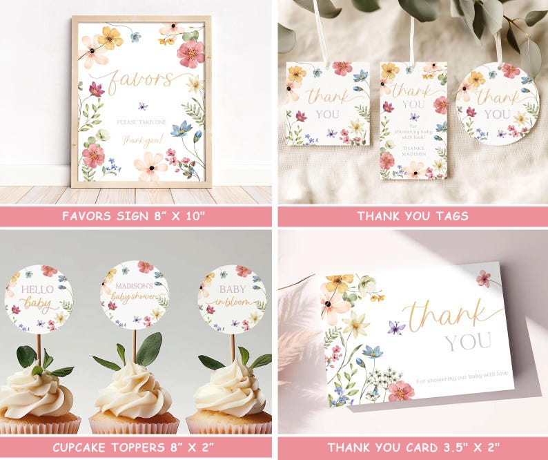 Wildflower Baby Shower Bundle Editable Wild Flower Baby Shower Set Girl Floral Boho Baby Shower Suite Baby In Bloom Bundle Package WF4 image 3