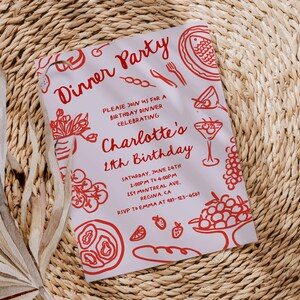 May include: A pink and red dinner party invitation with a hand-drawn design of food and drinks. The invitation is for Charlotte's 21st birthday and includes the date, time, location, and RSVP information.