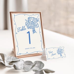 Numéro de table et modèle de marque-place Plaque de mariage Trouvez votre table Décoration de mariée modifiable Bleue fraîche du marché Trouvez votre place FO2