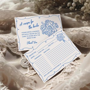 Receptkaarten vrijgezellenfeest blauw vers van de markt vrijgezellenfeest bewerkbare bruidsrecepten bruidsbloem receptkaart bloemen receptkaarten FO2