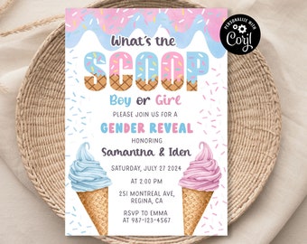 EDITABLE Ice Cream Gender Reveal Invitation Baby Boy Or Girl Party Invite Template He Or She What's the scoop Invitation