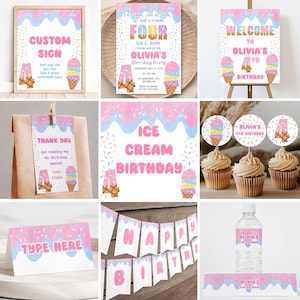 Peut inclure: Ensemble de décorations de fête d'anniversaire sur le thème de la crème glacée. Comprend une enseigne personnalisée, des invitations, une enseigne de bienvenue, des décorations de cupcakes, des étiquettes de remerciement, une bannière et des étiquettes de bouteilles d'eau.