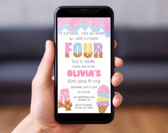 Editable Ice Cream 4th Birthday Invitation (Digital Download)
