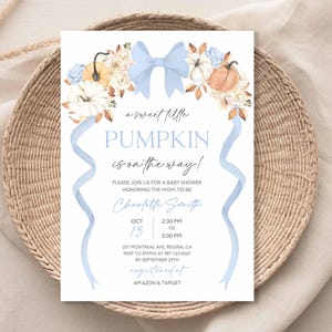 A Little Pumpkin Baby Shower Invitation Blue Pumpkin Invite Fall Baby Shower Fall Pumpkin Blue Bow Invite Floral Pumpkin Invitation Template