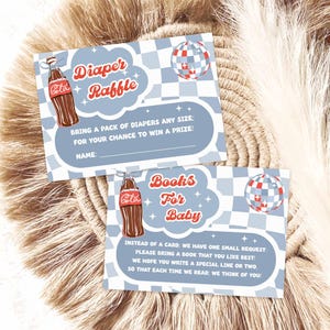 May include: Two baby shower invitation cards with a retro theme. The cards feature a light blue background with a checkerboard pattern and a cartoon cola bottle illustration. One card reads "Diaper Raffle" and the other reads "Books For Baby".