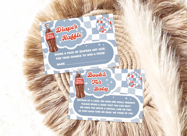 May include: Two baby shower invitation cards with a retro theme. The cards feature a light blue background with a checkerboard pattern and a cartoon cola bottle illustration. One card reads "Diaper Raffle" and the other reads "Books For Baby".