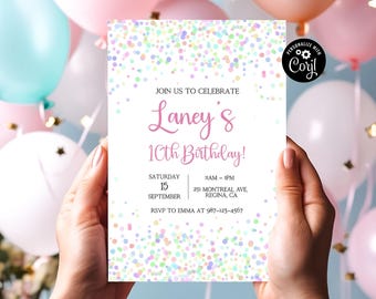 Confetti Birthday Invitation, Pastel Colors (Editable PDF)