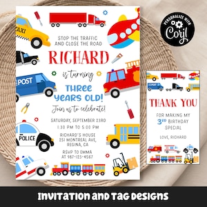 May include: A colorful invitation with a red, yellow, and blue theme. The invitation says "Richard is turning three years old!" and features a variety of vehicles, including a fire truck, a school bus, a police car, and a taxi. The invitation also includes a thank you tag with the text "Thank you for making my 3rd birthday special. Love, Richard."