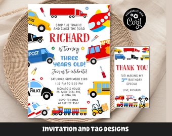Transportation Birthday Invitation, Editable Truck, Train, Car Design (PDF)