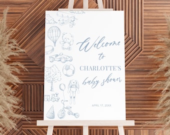 Blue Toile Baby Shower Welcome Sign, Teddy Bear Theme (Digital Download)