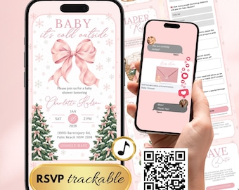 Winter Baby Shower Website Invite, Baby It's Cold Outside Invitation, Pink Bow, Snowflakes, Teddy Bear (Canva Template)