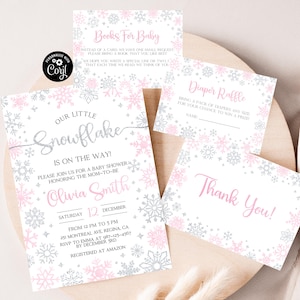 Snowflake Baby Shower Set Little Snowflake Is On the Way Girl Baby Shower Bundle Winter Baby Shower Invitation Set Pink Baby Shower Bundle