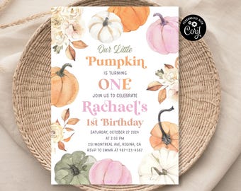 May include: A watercolour invitation featuring pumpkins and floral elements. The text reads "Our Little Pumpkin is turning ONE" and invites guests to celebrate Rachael's 1st birthday on October 27, 2024, at 2:00 PM. The invitation is set on a woven basket.
