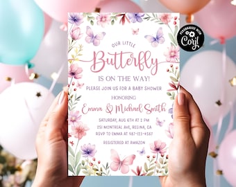 Butterfly Baby Shower Invitation Girl Butterfly Theme Girl Baby Shower Invite Pink Purple Butterfly Baby Shower Editable Invitation Template