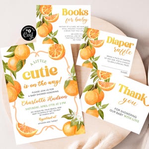 Little Cutie Bundle Baby Shower Invitation Editable Clementine Orange Cutie On The Way Suite Citrus Baby Shower Set Tangerine Invite OR1